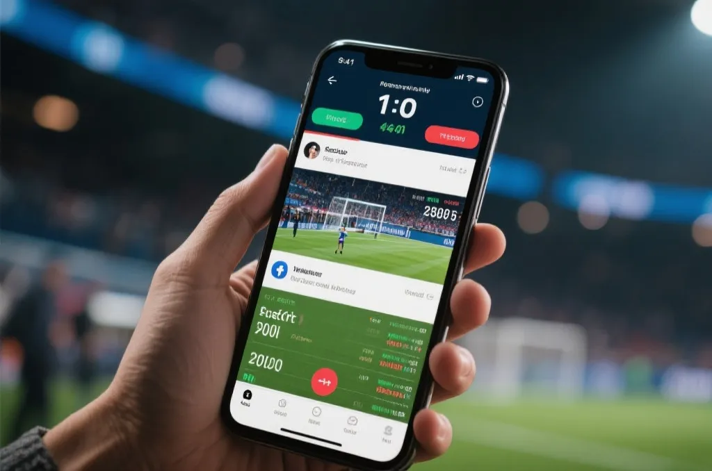 手机屏幕显示社交媒体讨论、比赛数据和实时比分，体现舆论与数据交织